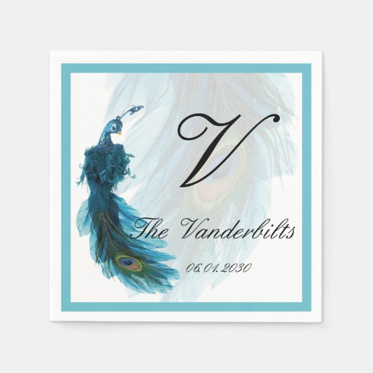 Serviette En Papier Mariage Plume Peacock bleu turquoise (Devant)
