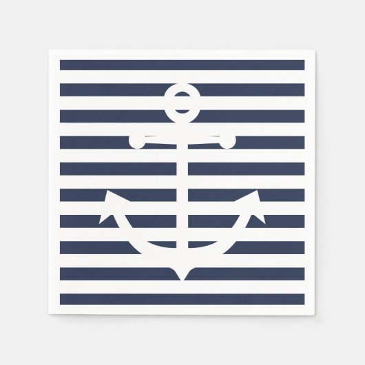 Serviette En Papier Mariage Rayures Bleues Et Blanches Ancre Nautique (Devant)
