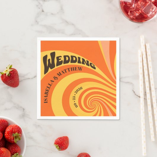 Serviette En Papier Mariage rétro orange les années 70 jaune (En situation)