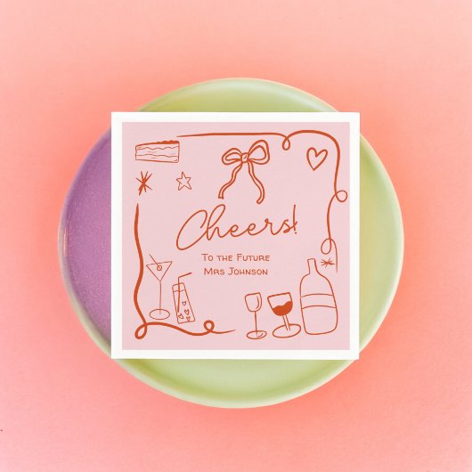 Serviette En Papier Mariage rétro rose rouge douche illustrée dessinée