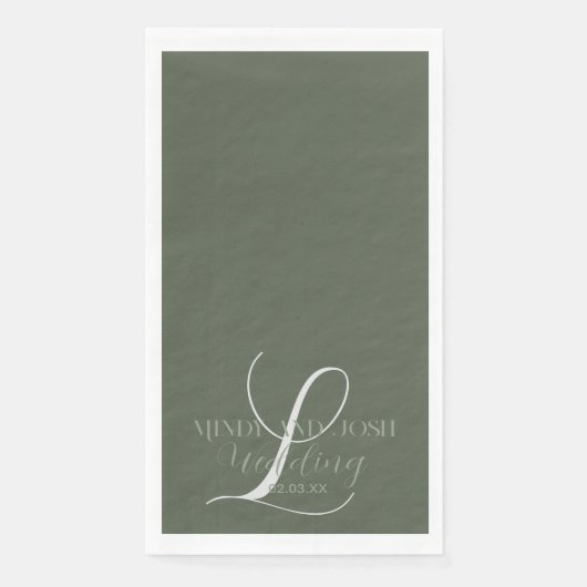 Serviette En Papier Mariage Romantique Écriture Vert Sauge Initiale  (Devant)