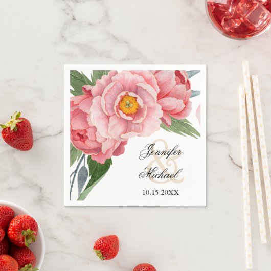 Serviette En Papier Mariage romantique Pink Peonies (En situation)