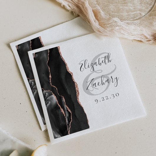 Serviette En Papier Mariage Rose d'Or Noir Script Géode d'Agate