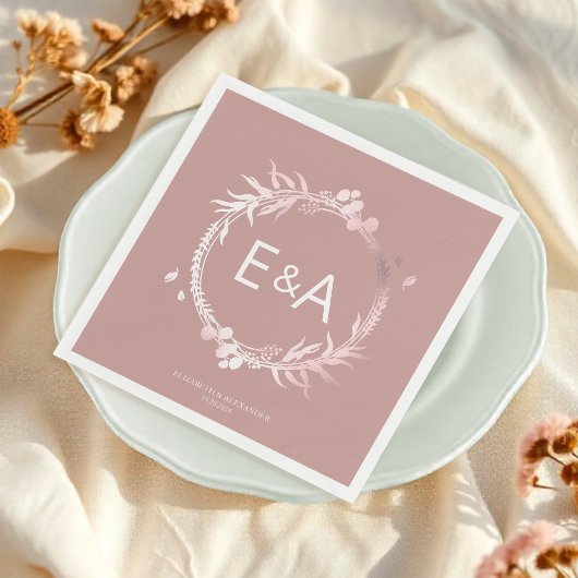 Serviette En Papier Mariage rose Monogramme Faux Foil
