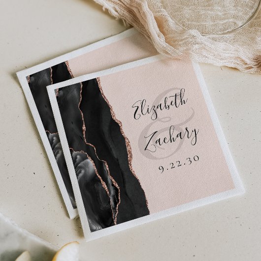 Serviette En Papier Mariage Rose Or Noir Agate Blush Rose Script