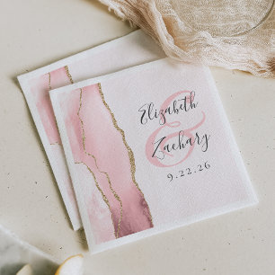 Serviette En Papier Mariage Rose Pâle Or Script Agate Géode