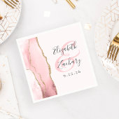 Serviette En Papier Mariage Rose Pâle Or Script Agate Géode