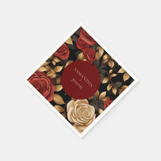 Serviette En Papier Mariage Rose rouge et or (Coin)
