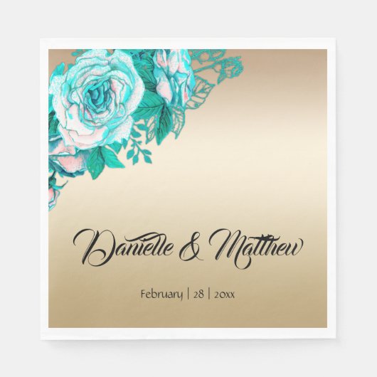 Serviette En Papier Mariage Rose Turquoise et or (Devant)