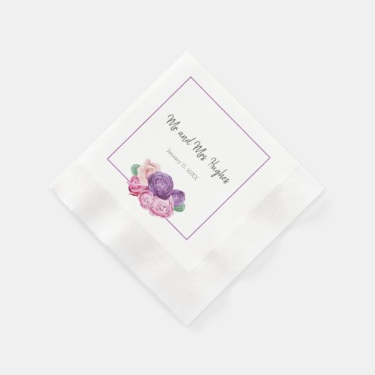 Serviette En Papier Mariage Roses Ultra violet et rose (Coin)