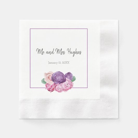 Serviette En Papier Mariage Roses Ultra violet et rose (Devant)