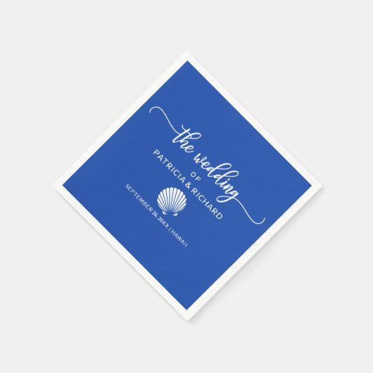 Serviette En Papier Mariage Royal Blue and White Seashell Beach (Coin)