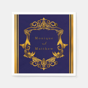 Serviette En Papier Mariage Royal Couronne bleu et or