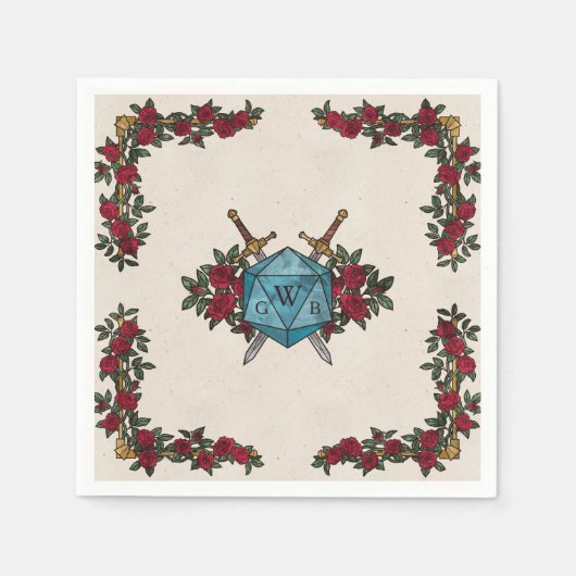 Serviette En Papier Mariage RPG Roses Monogramme D20  (Devant)