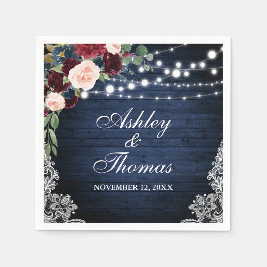 Serviette En Papier Mariage Rustique Bleu Bourgogne Dentelle Florale (Devant)