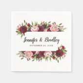 Serviette En Papier Mariage Rustique Blush Bourgogne Fleurs (Devant)