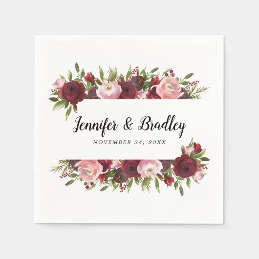 Serviette En Papier Mariage Rustique Blush Bourgogne Fleurs (Devant)