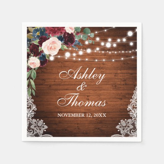 Serviette En Papier Mariage rustique Bourgogne Blue Floral dentelle (Devant)