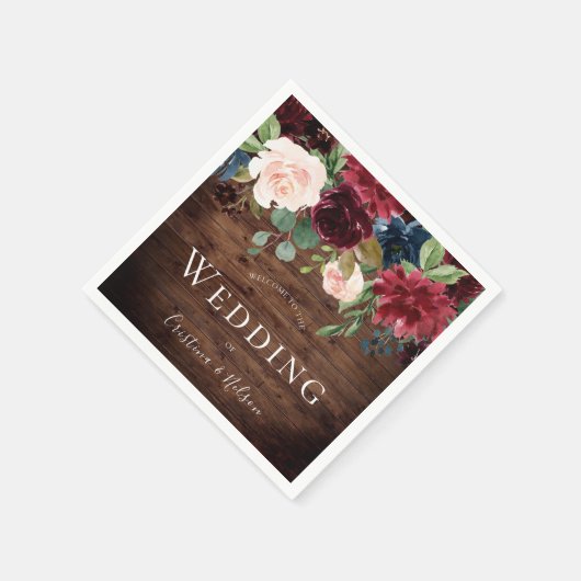 Serviette En Papier Mariage Rustique Bourgogne Rouge Fleurs de Vins (Coin)