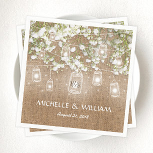 Serviette En Papier Mariage rustique en toile de jute et gypsophile