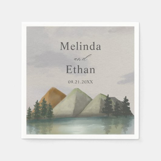 Serviette En Papier Mariage Rustique Mountain & Lake Evergreen (Devant)