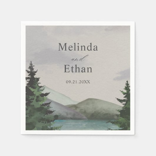 Serviette En Papier Mariage Rustique Mountain & Lake Evergreen (Devant)