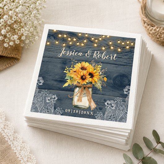 Serviette En Papier Mariage Rustique Navy Tournesol Pot en Grès