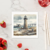 Serviette En Papier Mariage rustique sur la plage côtière avec phare (En situation)