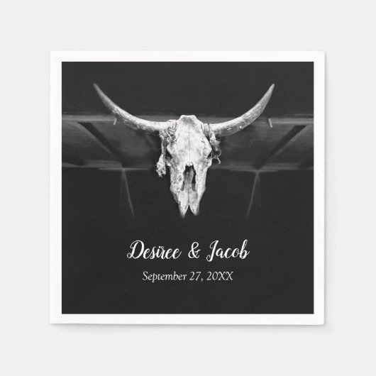 Serviette En Papier Mariage Rustique Western Noir et Blanc Taureau (Devant)