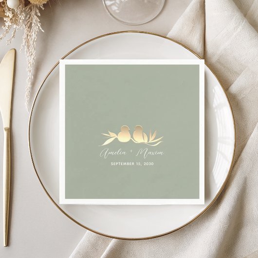 Serviette En Papier Mariage Sage Green Gold Lovebirds