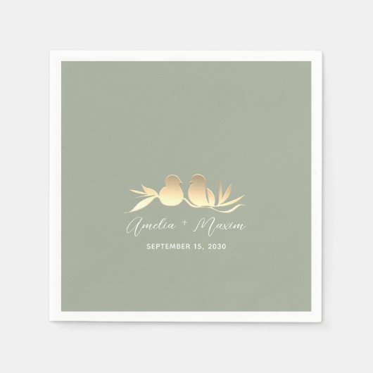 Serviette En Papier Mariage Sage Green Gold Lovebirds (Devant)
