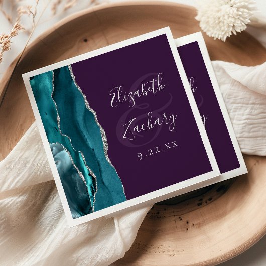 Serviette En Papier Mariage Script Géode d'Agate Turquoise Argent Viol