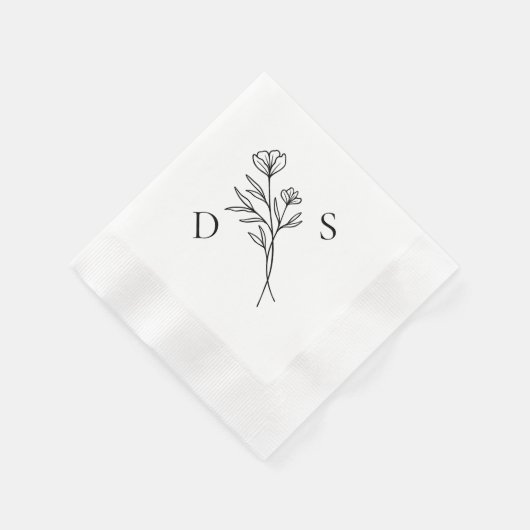 Serviette En Papier Mariage simple de monogramme floral noir et blanc (Coin)