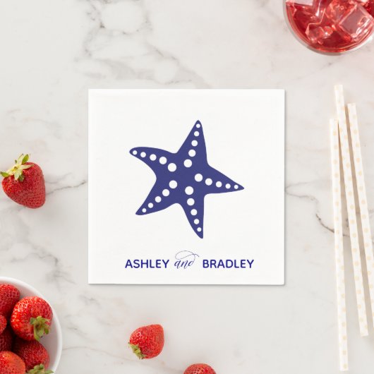 Serviette En Papier Mariage Starfish, Plage, Bleu marine (En situation)