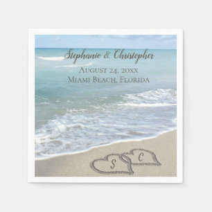 Serviette En Papier Mariage sur la Plage Cœurs dans le Sable Élégant