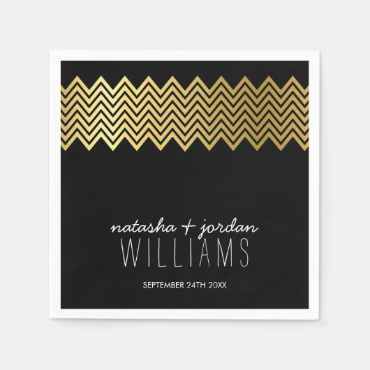 Serviette En Papier MARIAGE TABLE DECOR chevron motif or noir (Devant)