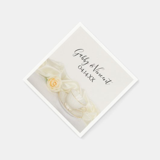 Serviette En Papier Mariage Tasse à Thé et Rose Blanche (Coin)
