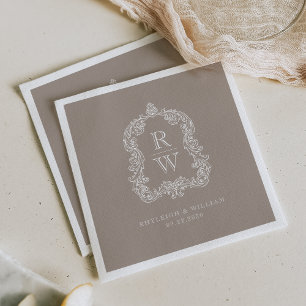 Serviette En Papier Mariage Taupe Armoiries Monogramme Vintage