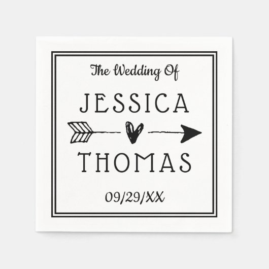 Serviette En Papier Mariage tendance Black & White Heart & Arrow (Devant)