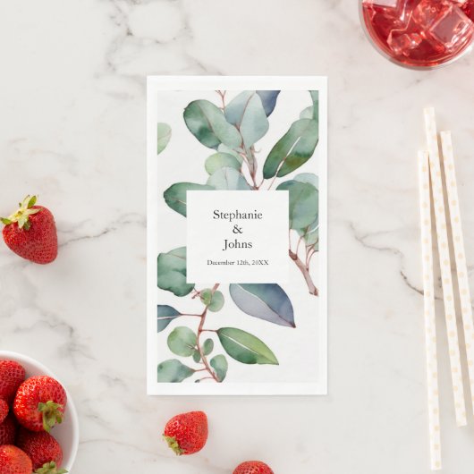 Serviette En Papier Mariage Tendance Eucalyptus Verdure Bleu Poussiére (En situation)