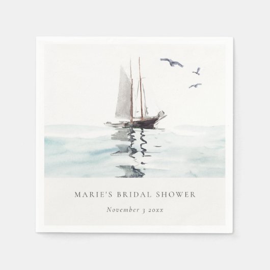 Serviette En Papier Mariage Thème Nautique Yacht Aquarelle (Devant)