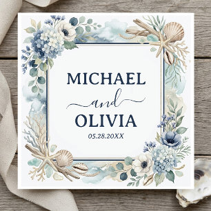 Serviette En Papier Mariage thème océan floral bleu coquillage nautiqu