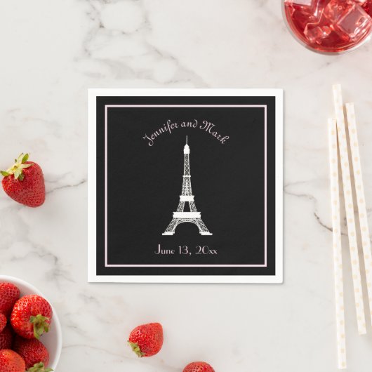 Serviette En Papier Mariage Tour Eiffel Chic Noir Rose Blanc Français (En situation)
