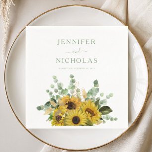 Serviette En Papier Mariage Tournesol Floral Vert Moderne  