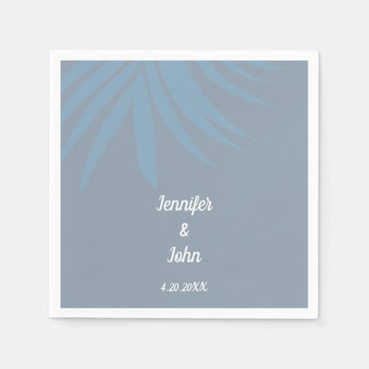 Serviette En Papier Mariage Tropical Dusty Blue Palm Leaf Beach (Devant)