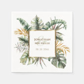 Serviette En Papier Mariage Tropical Elegant Green Palms Gold Frame (Devant)