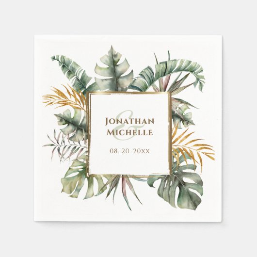 Serviette En Papier Mariage Tropical Elegant Green Palms Gold Frame (Devant)
