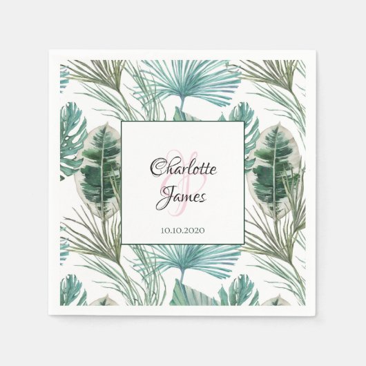 Serviette En Papier Mariage Tropical Personnalisé Palm Frond Motif (Devant)