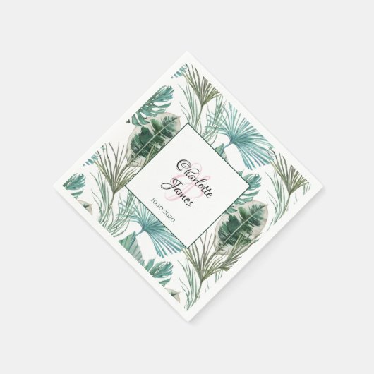 Serviette En Papier Mariage Tropical Personnalisé Palm Frond Motif (Coin)