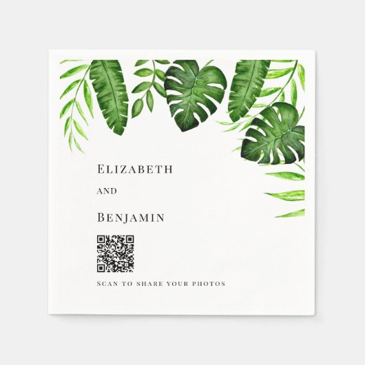 Serviette En Papier Mariage Tropical Végétal Code QR Partage de Photos (Devant)